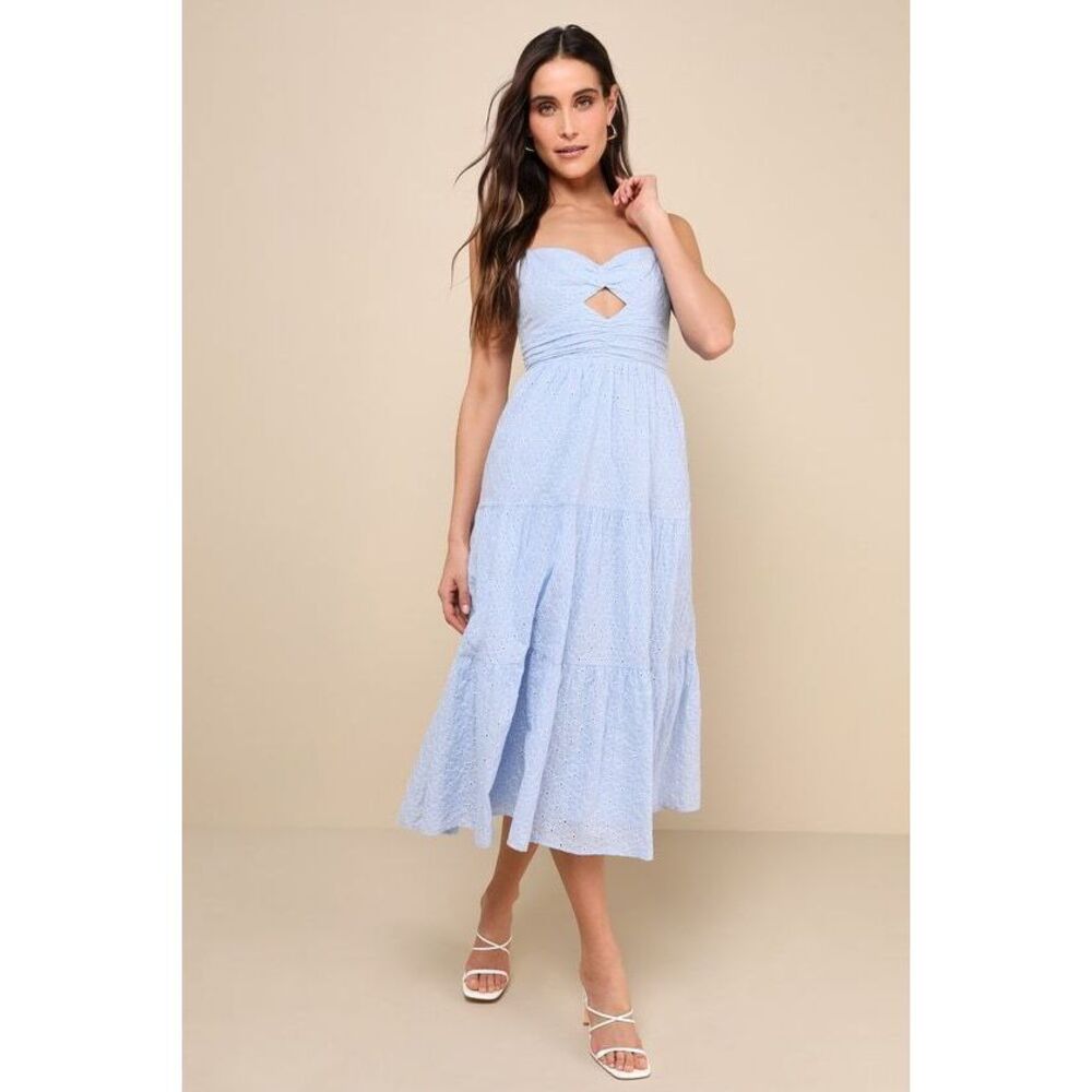 Lulus Perfect Attitude Light Blue Floral Embroidered Tiered Midi Dress - Size XL